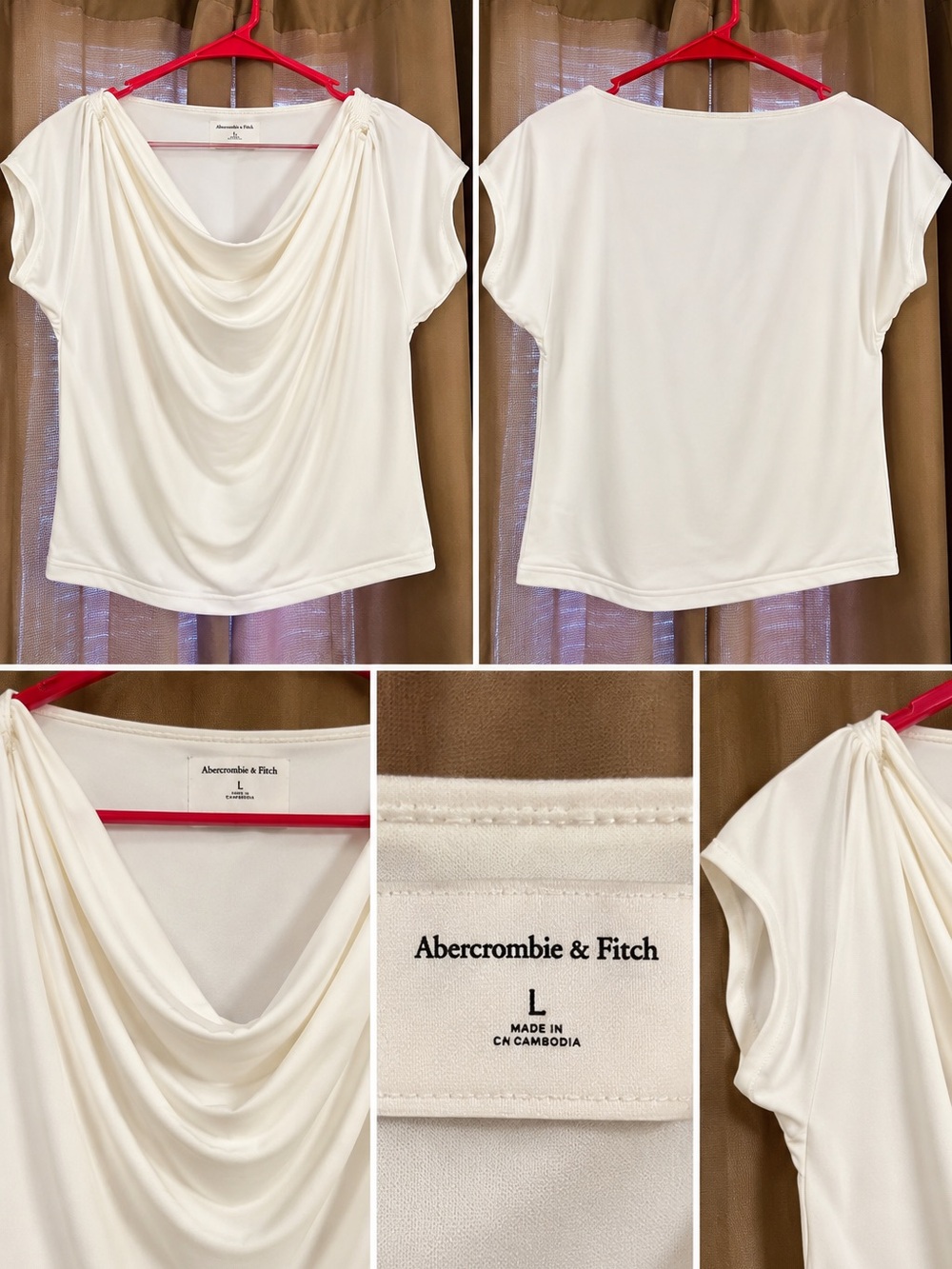 Abercrombie & Fitch Cream Draped Cowl Neck Short Sleeve Top